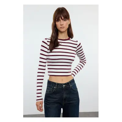 Trendyol Burgundy Striped Premium Viscose Soft Fabric Fitted Crop Stretchy Knitted Blouse