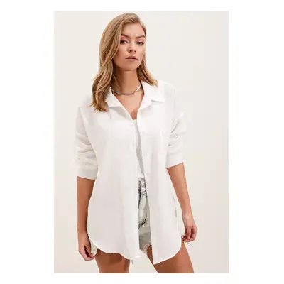 Bigdart Single Pocket Oversize Linen Shirt - White