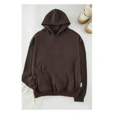 Trendyol Dark Brown Oversize/Wide Cut Fleece Inside Hooded Sweatshirt