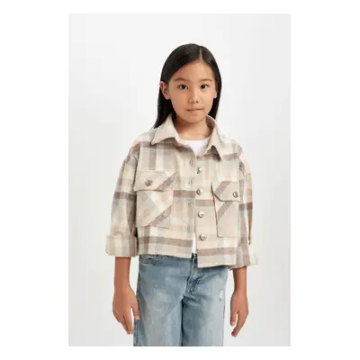 DEFACTO Girls Plaid Double Pocket Crop Long Sleeve Shirt