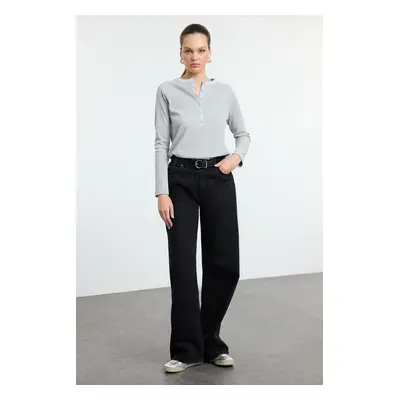 Trendyol Grey Melange Buttoned Regular/Normal Cut Ribbed Flexible Regular Length Knitted Blouse