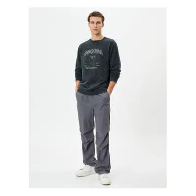 Koton Washed Sweatshirt Motto Printed Crew Neck Detailed Cotton