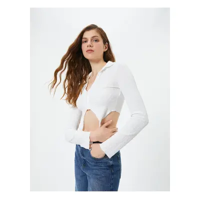 Koton Crop Blouse Asymmetric Cut Textured Slim Fit Long Sleeve Shirt Collar