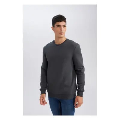 DEFACTO Anthracite Thread Cotton Raised Regular Fit Polar Fleece Crew Neck Thick Sweatshirt