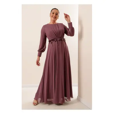 By Saygı Floral Detailed Waist Lined Long Chiffon Dress