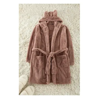 Trendyol Brown Belted Hood, Ear and Pocket Detailed Wellsoft Winter Knitted Dressing Gown