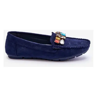 Women's suede loafers with crystals navy blue Lucille