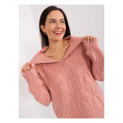 Dusty pink cable knit sweater with collar