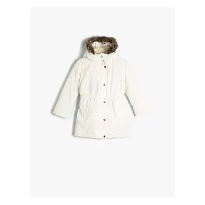 Koton Long Coat Inner Faux Fur Hooded Zipper and Wind Flap with Snap Closure Pocket