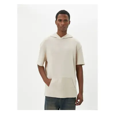 Koton Hooded T-Shirt Short Sleeve Kangaroo Pocket Detail Off Shoulders