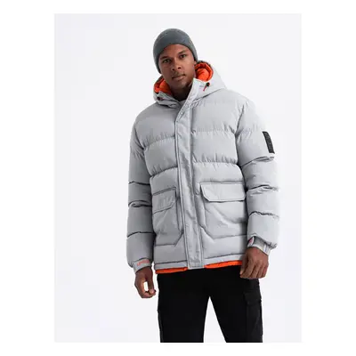 Ombre Men's sports warm jacket with double hood - grey