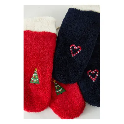 Trendyol Red-Navy 2-Pack New Year Themed Embroidered Terry Knitted Socks