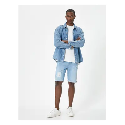 Koton Ripped Denim Shorts Slim Fit Fold Detailed Buttoned Pocket