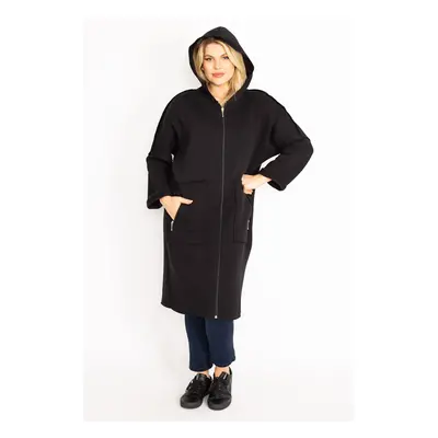 Şans Women's Large Size Black Zipper and Hood Detailed Coat