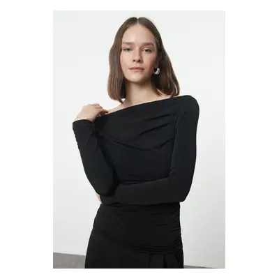 Trendyol Black Gathered/Draped Detailed Fitted/Body-Smoothing Long Sleeve Flexible Knitted Blous