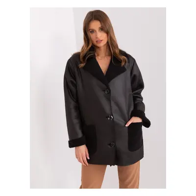 Women's black sheepskin coat with buttons