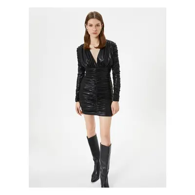 Koton Long Sleeve V Neck Draped Faux Leather Mini Dress