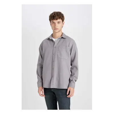 DEFACTO Men's Grey Regular Fit Regular Cut Polo Collar Plain Cotton Long Sleeve Shirt