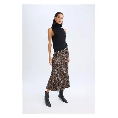 DEFACTO A Cut Leopard Patterned Normal Waist Satin Midi Skirt