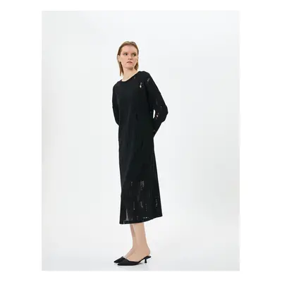 Koton Midi Openwork Dress Crew Neck Long Sleeve