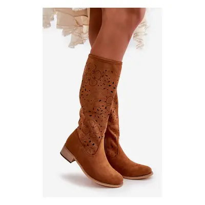 Openwork women's low-heeled boots eco suede zippered Camel Orchides