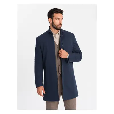 Ombre Men's tailored structured coat with high collar - navy blue