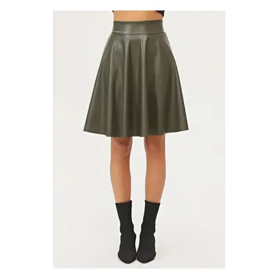 88854 Dewberry Flared Faux Leather Skirt-Khaki