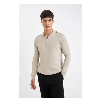 DEFACTO Men's Beige Standard Fit Regular Cut Stand Collar Half Zipper Knitwear Sweater