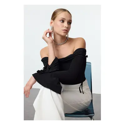 Trendyol Black Carmen Collar Tie Detailed Spanish Sleeve Knitted Stylish Blouse