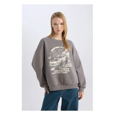 DEFACTO Grey Cool Oversize Wide Pattern Crew Neck Printed Thick Sweatshirt