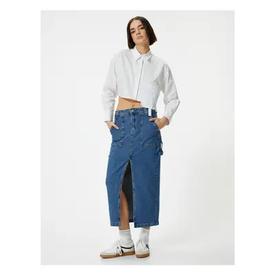 Koton Long Denim Skirt Front Slit Detailed Pocket Cotton