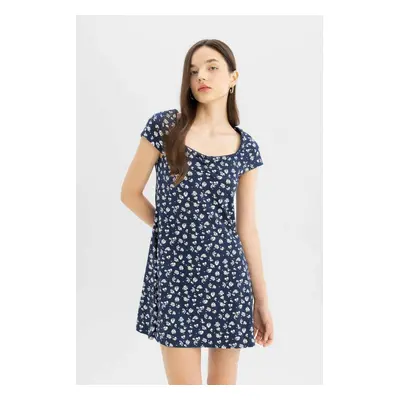 DEFACTO Cool Combed Cotton Floral Short Sleeve Mini Dress