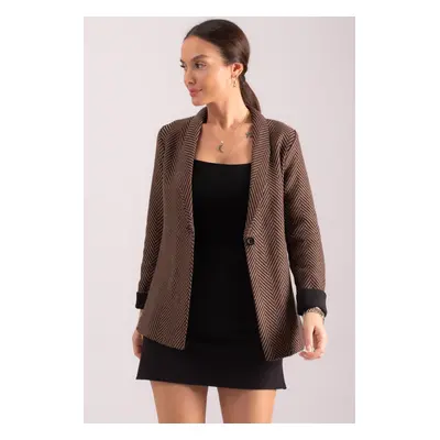 armonika Women's Light Brown Herringbone Pattern Sleeve Fold Single Button Cachet Jacket