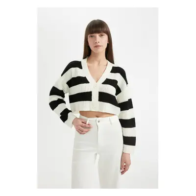 DEFACTO Regular Fit V Neck Striped Button Closure Knitwear Cardigan