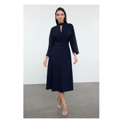 Trendyol Navy Blue Belt Detailed Woven Elegant Evening Dress