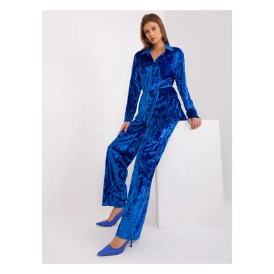 Cobalt blue velvet set with button-down shirt