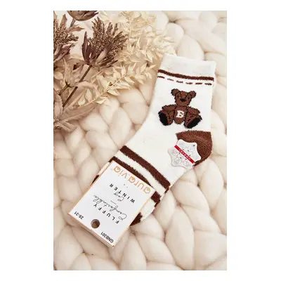 Youth warm socks with teddy bear, white and brown