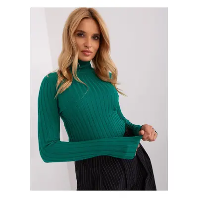 Green fitted ribbed turtleneck sweater