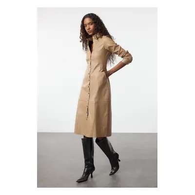 Trendyol Camel Faux Leather Midi Woven Shirt Dress