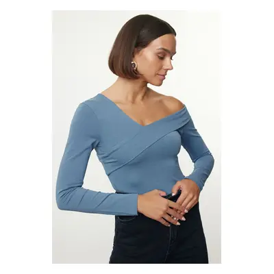 Trendyol Indigo Cotton Flounce Fitted Crop Knitted Blouse