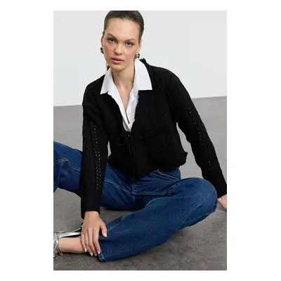 Trendyol Black Crop Tie Detail Knitwear Cardigan