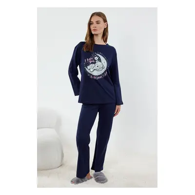 Trendyol Navy Blue 100% Cotton Teddy Bear and Galaxy Printed Knitted Pajama Set