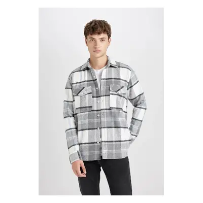 DEFACTO Men's Gray Regular Fit Regular Cut Polo Collar Plaid Lumberjack Flannel Long Sleeve Shir