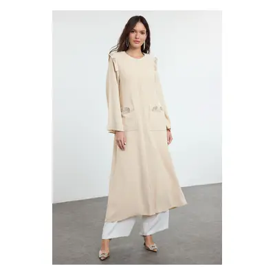 Trendyol Beige Crepe Embroidery Detailed Belted Woven Cape & Abaya