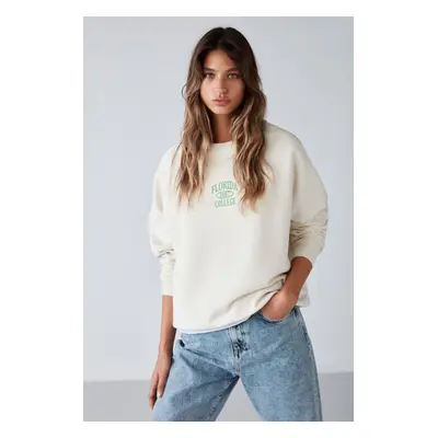 GRIMELANGE Adrielle Relaxed Fit Embroidery Printed Knitted Crew Neck Ecru Sweatshir