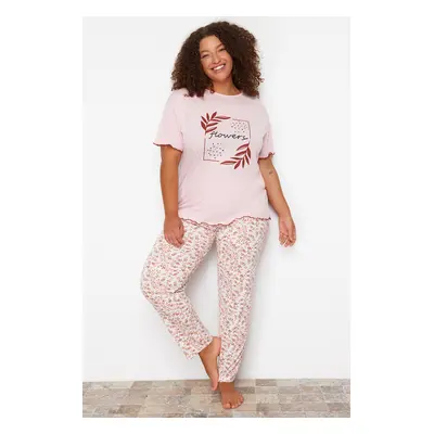 Trendyol Curve Pink Floral Pattern Knitted Pajamas Set