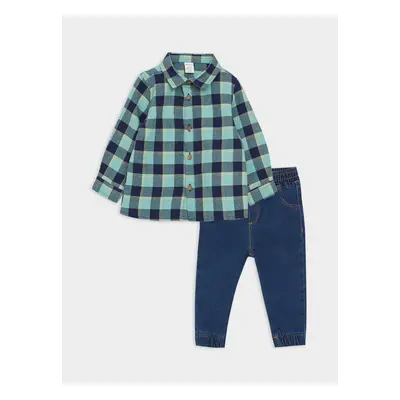 LC Waikiki Long Sleeve Plaid Patterned Baby Boy Shirt and Jeans 2-Piece Set