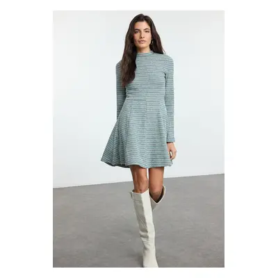 Trendyol Green Tweed Crew Neck Skater/Waist Open Flounce Mini Knit Dress