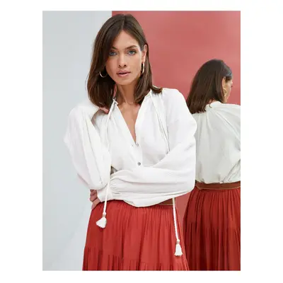 Koton Balloon Sleeve Blouse Buttoned Tassel Detailed Tied Collar