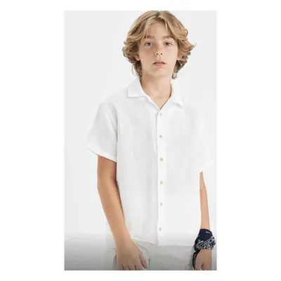 DEFACTO Boy's Oversize Fit Wide Pattern Polo Collar Muslin Short Sleeve Shirt